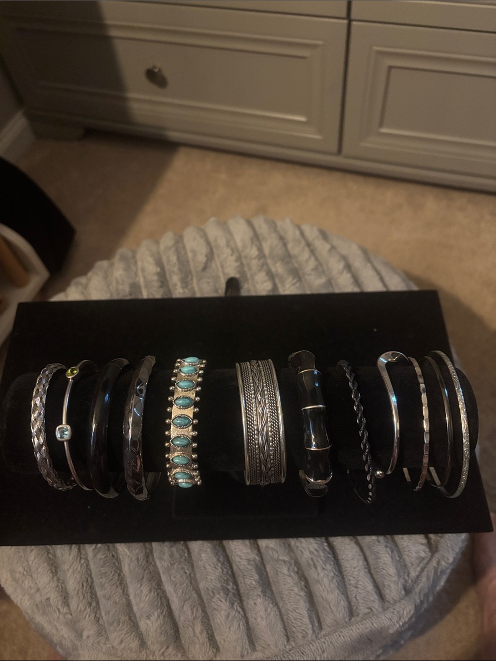 Silvertone  and Turquoise Mixed cuff bracelets with 5 bangles on the right.